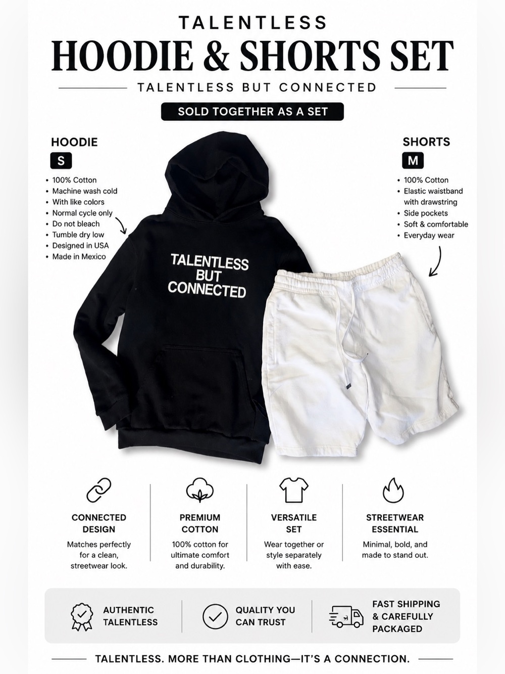 Talentless black Hoodie and white shorts Talentless but Connected set